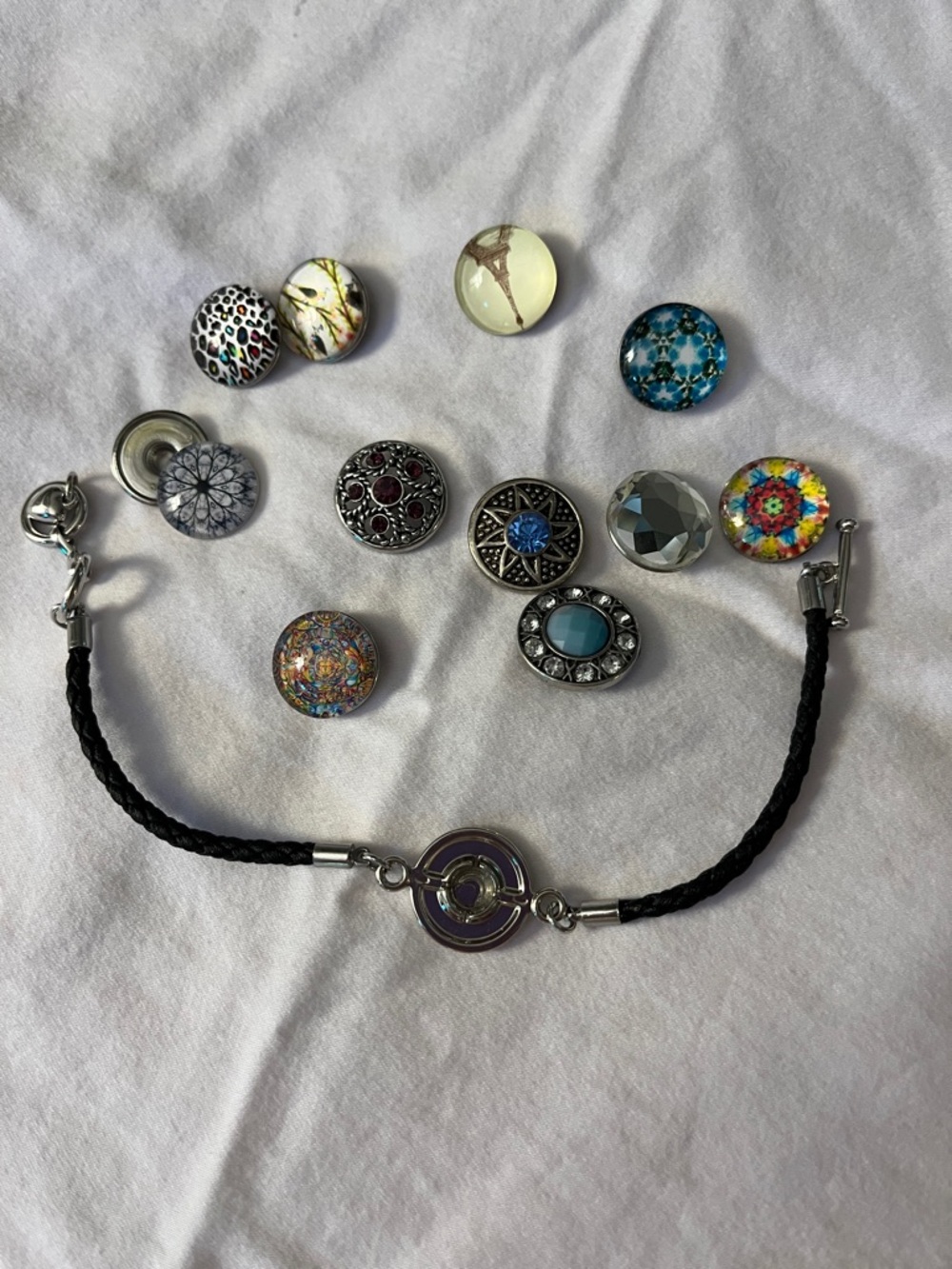 Interchangeable Black Braided Bracelet with 11 Multicolor Snap Charms
